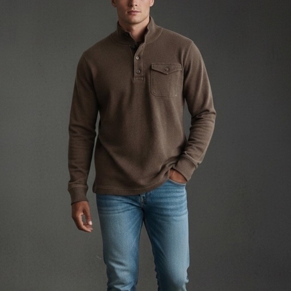 Mens L BANANA REPUBLIC Brown Button Henley Cotton Pullover Sweatshirt Sweater